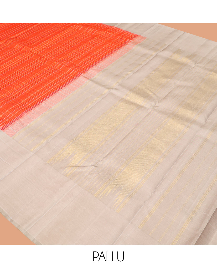 Orange Checked Kanchipuram Silk Saree, Complemented by a Contrast Thazampoo Rekku Border, Zari Design Pallu, and a Contrast Blouse