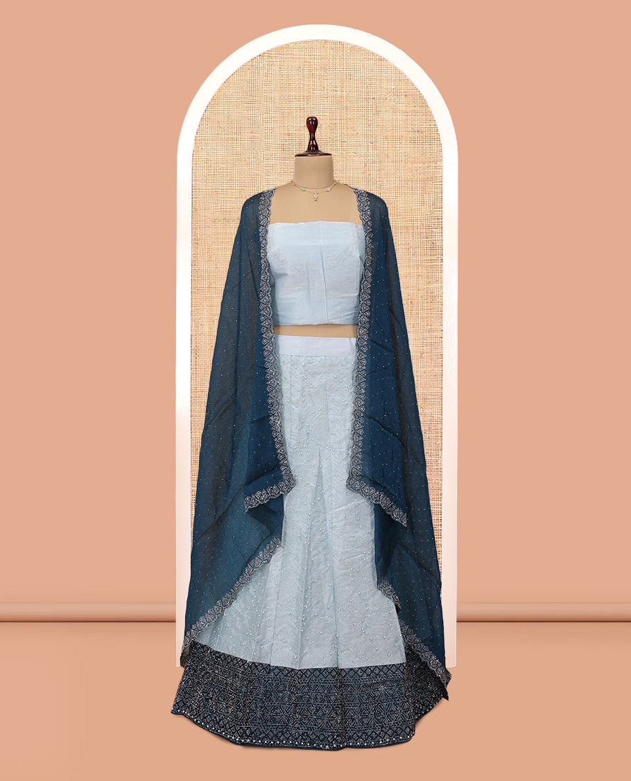 Light Blue Banarasi Half-Saree, Finely Crafted with Bead Work Skirt, a Contrast Stone Work Border, Matching Blouse, and Contrast Scallop Stone Work Dupatta
