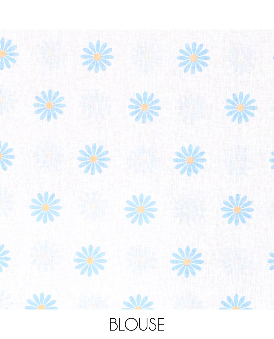 Borderless Blue Linen Saree Beautified with Big Daisy Flower Motifs Printed All Over the Body and Pallu, Complemented by a Contrast Blouse Printed with Daisy Flower Motifs