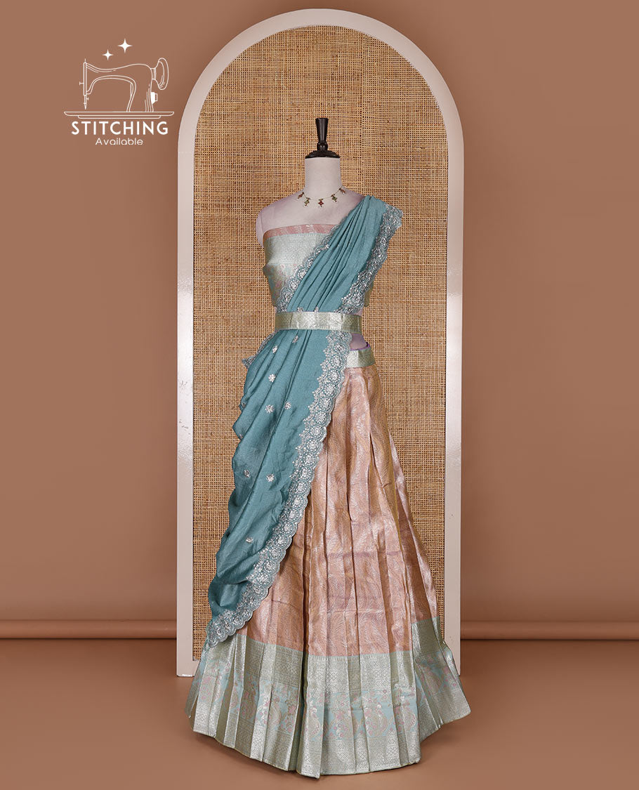 Pink-blue banaras tissue half saree, jacquard with contrast traditional zari bordered skirt, matching blouse, and Vichitra silk embroidered dhavani