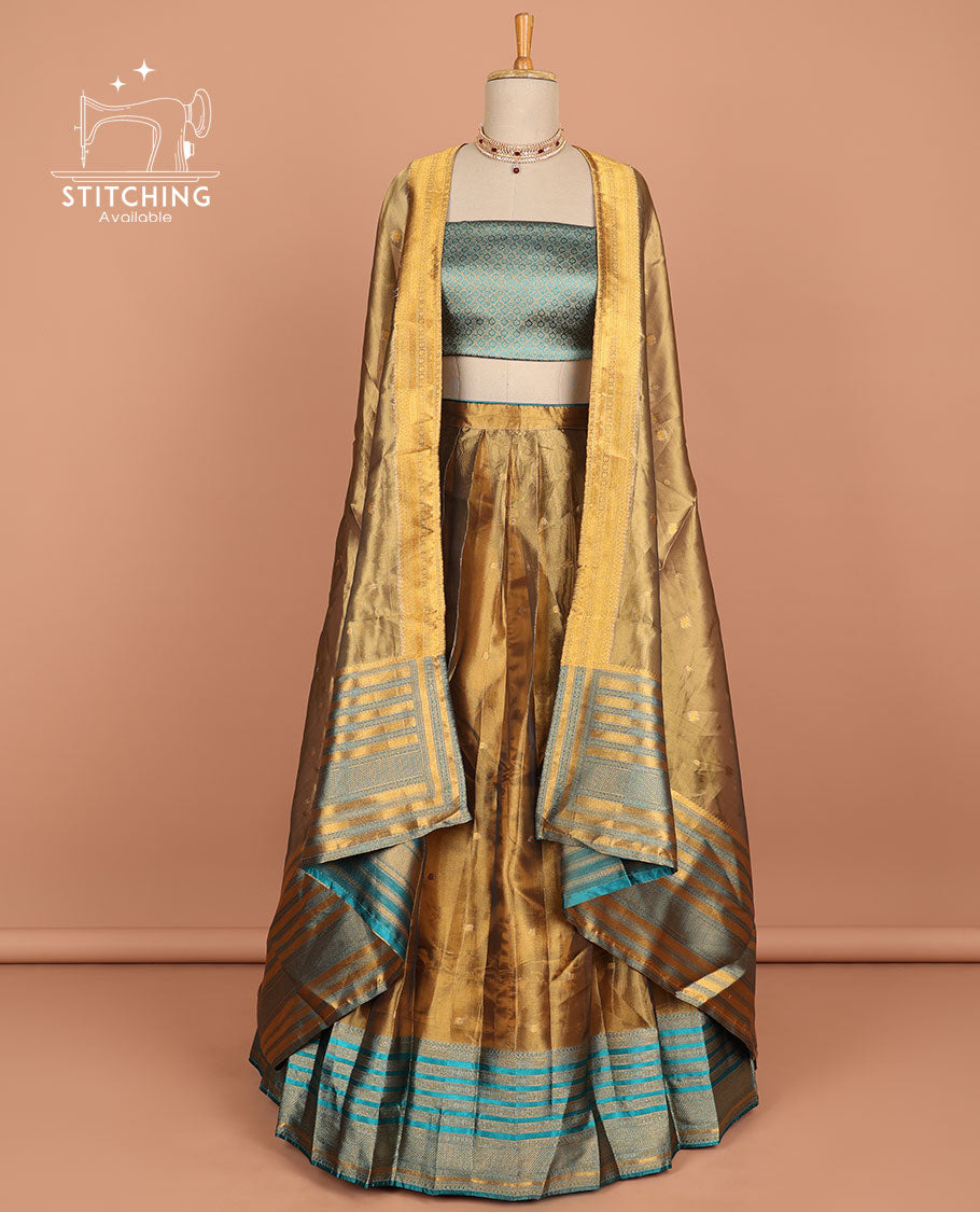 Brown buttas half saree with contrast blue striped border, ogee zari design blouse & butta , striped zari design dhavani