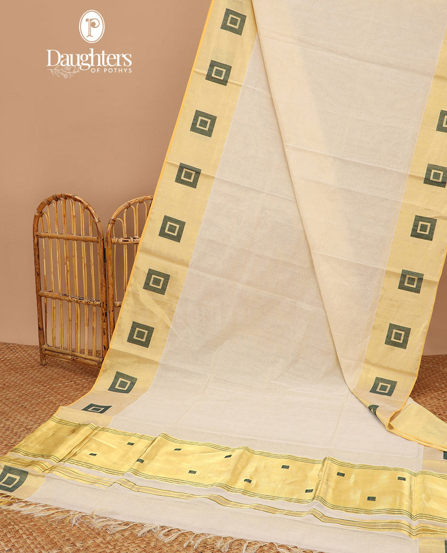 Cream kasavu saree with contrast geometric design border & striped, geometric design pallu