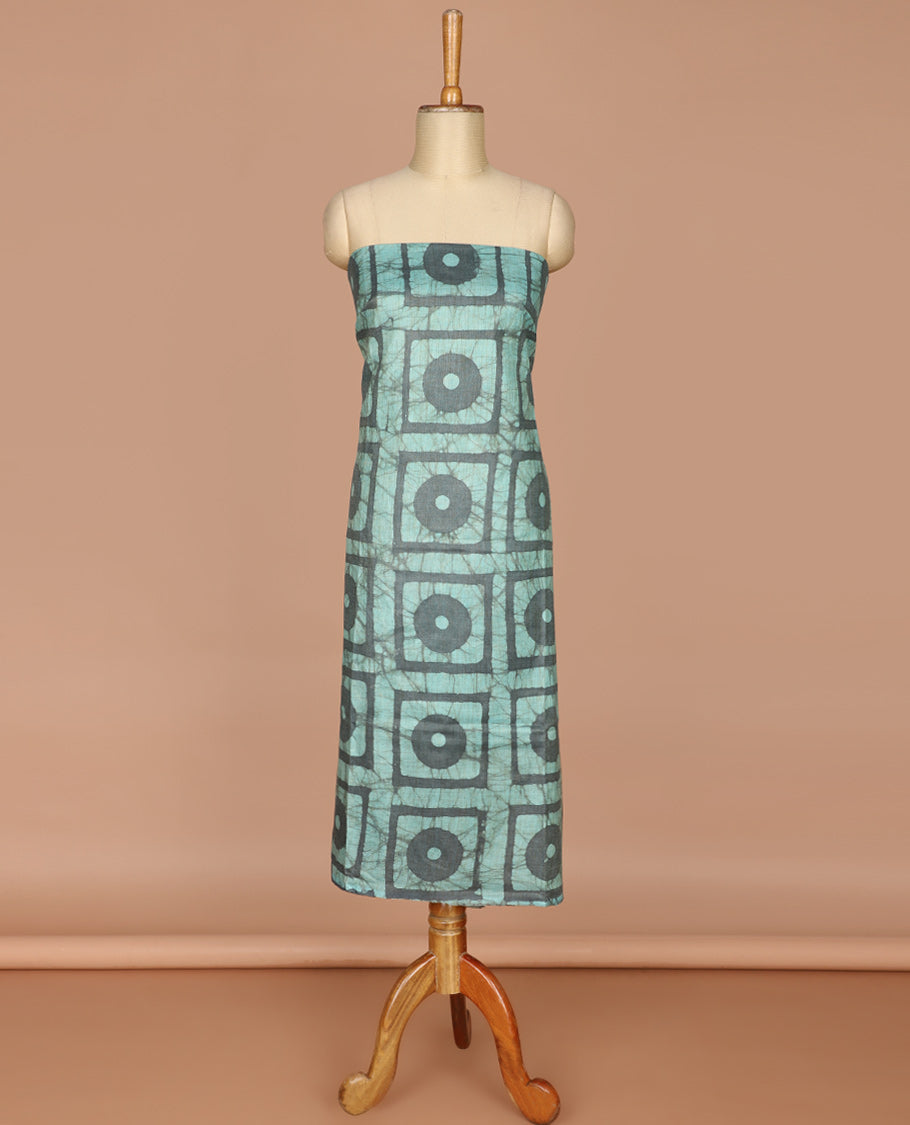Pista green with ash color geometric batik print bhagalpur cotton chudidhar material top with batik print cotton pants & batik print mul mul dupatta