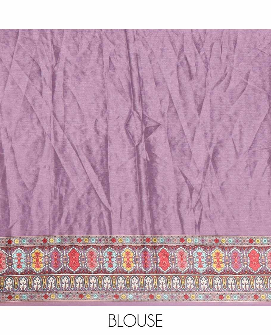 Lavender half-&-half style geometric print & mirror embroidery masakali saree,self-border & pallu of print & mirror work,plain blouse