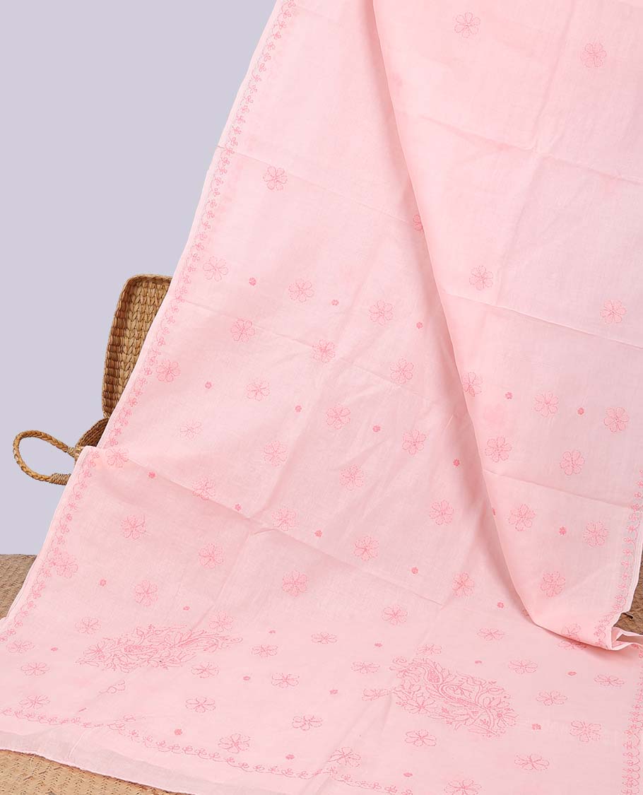 Pink floral embroidery lucknowi chikankari cotton saree,self scallop design border & pallu of floral embroidery