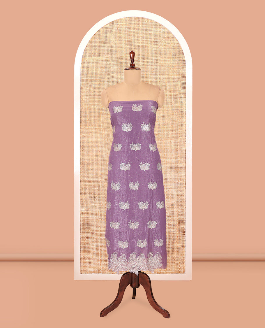 Lavender Crunchy Chiffon Material Churidar Features Thread Embroidered-Stone Work Top, Plain Bottom, Embroidered Dupatta