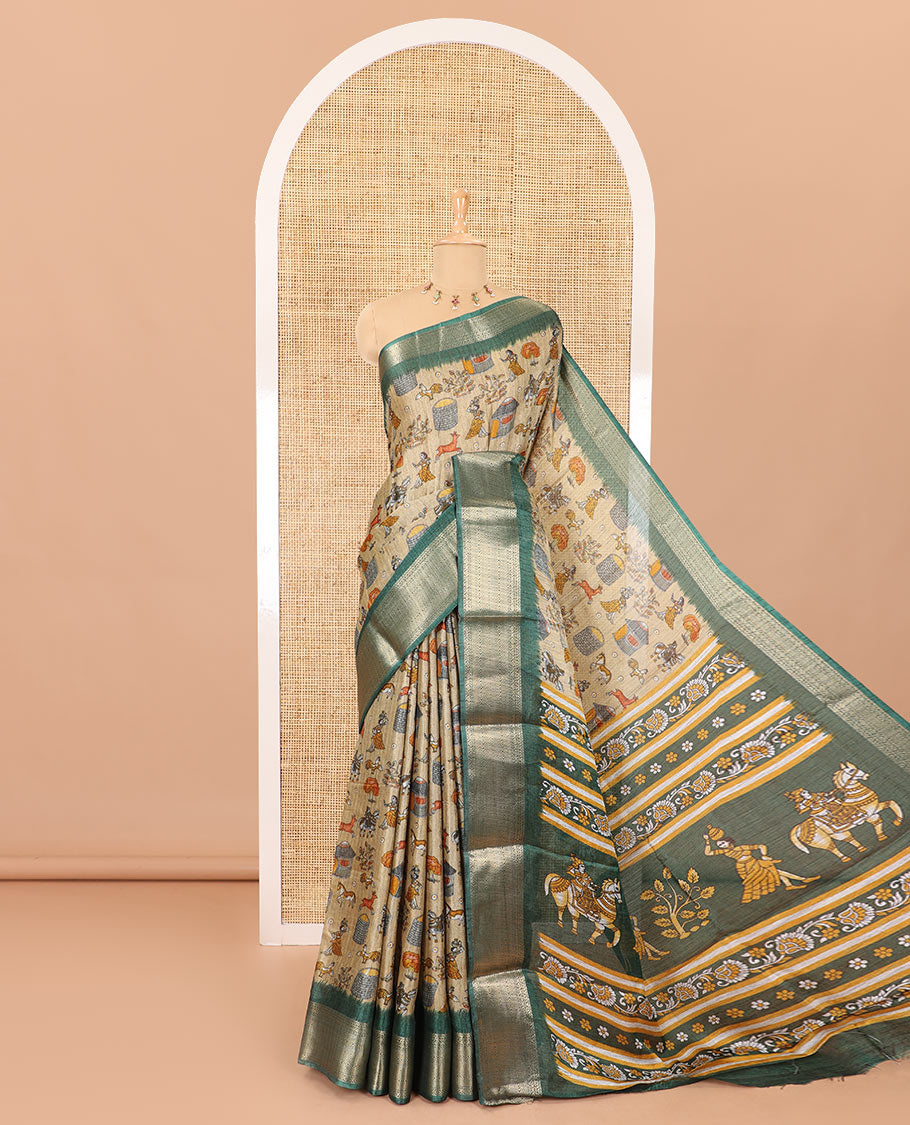 Chikku-green color animal and village theme printed khadi jute saree, contrast jaal patterns zari woven border, printed pallu, and a contrast blouse