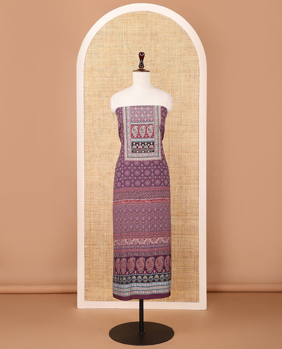 Dark purple crepe chudidar material set, ajrakh-print with daman floral design top, plain bottom & dupatta of bandhani dots & ajrakh-style print