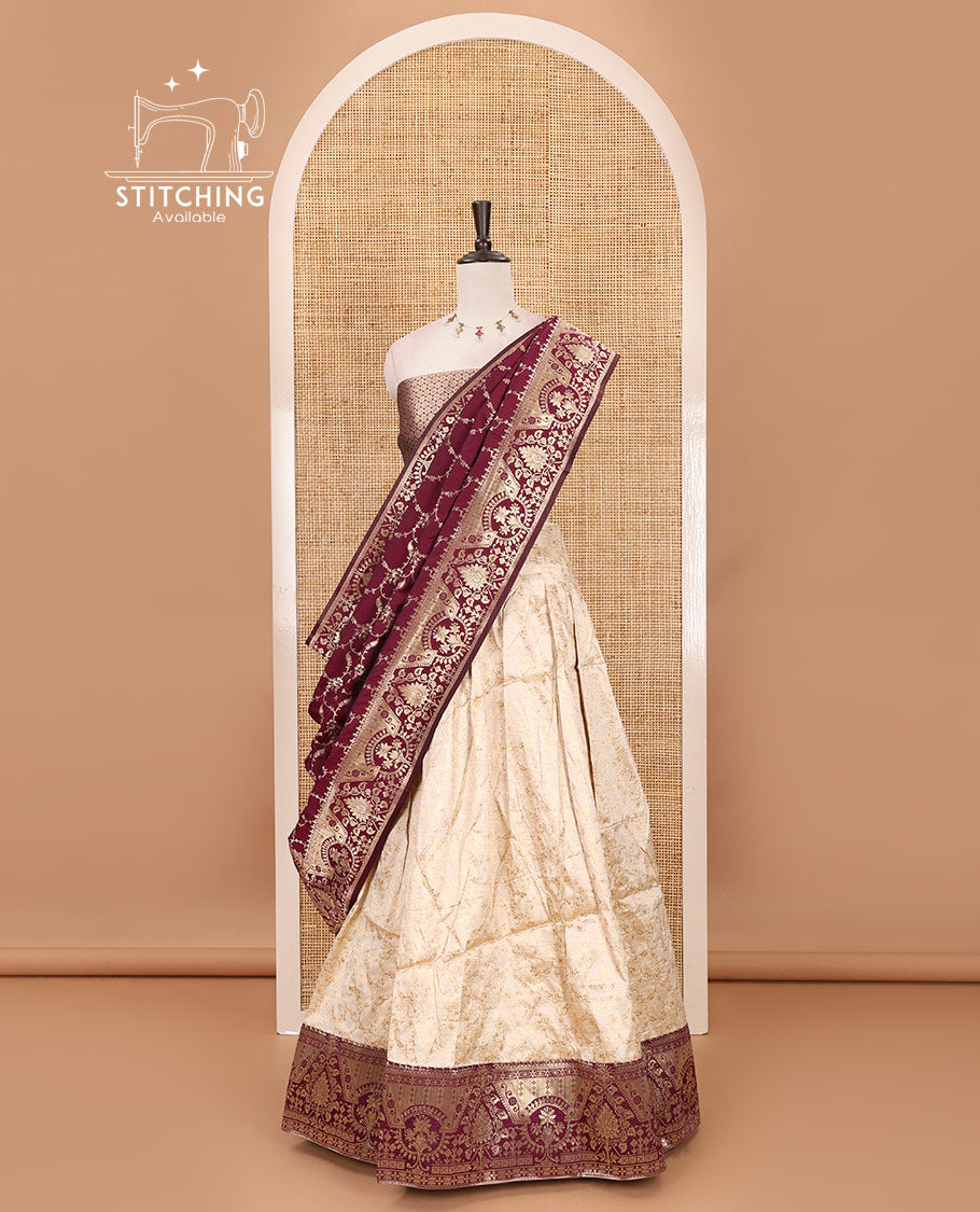 Cream-purple semi-banaras half-saree, floral jaal jacquard & contrast traditional zari border skirt, floral jacquard blouse & contrast zari design blouse