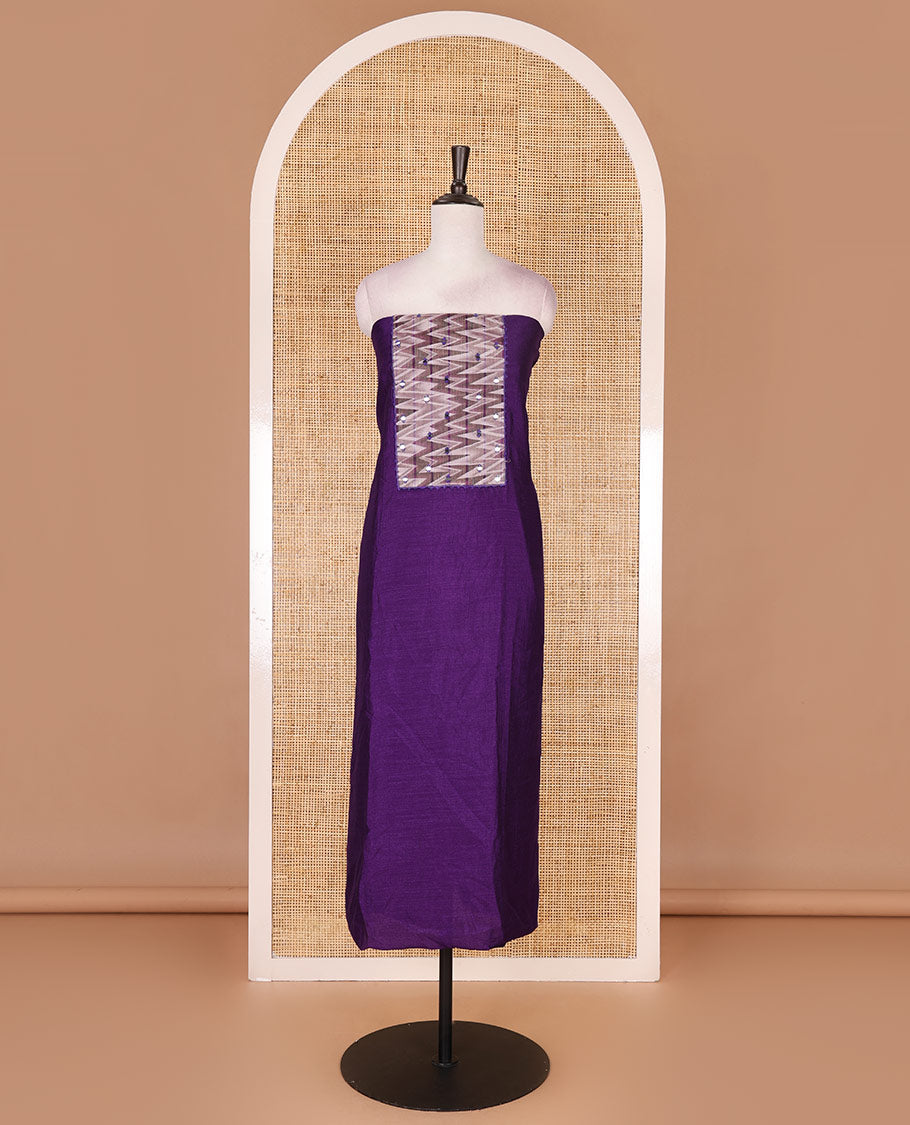 Violet Vertican silk material chudidar set, ikkat chevron striped with mirror neck embroidered top, santoon bottom, and contrast chevron striped dupatta