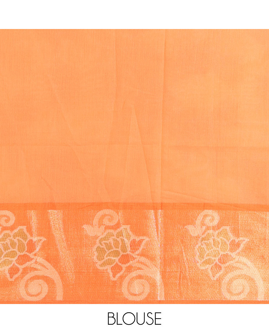 Cream Chanderi Cotton Saree, Elevated with Pochampally-Style Leaf Designs on Its Body, Complemented by a Contrast Border of Rose Floral Designs in Zari, Pallu of Colorful Floral Designs, and Paired with a Contrast Blouse