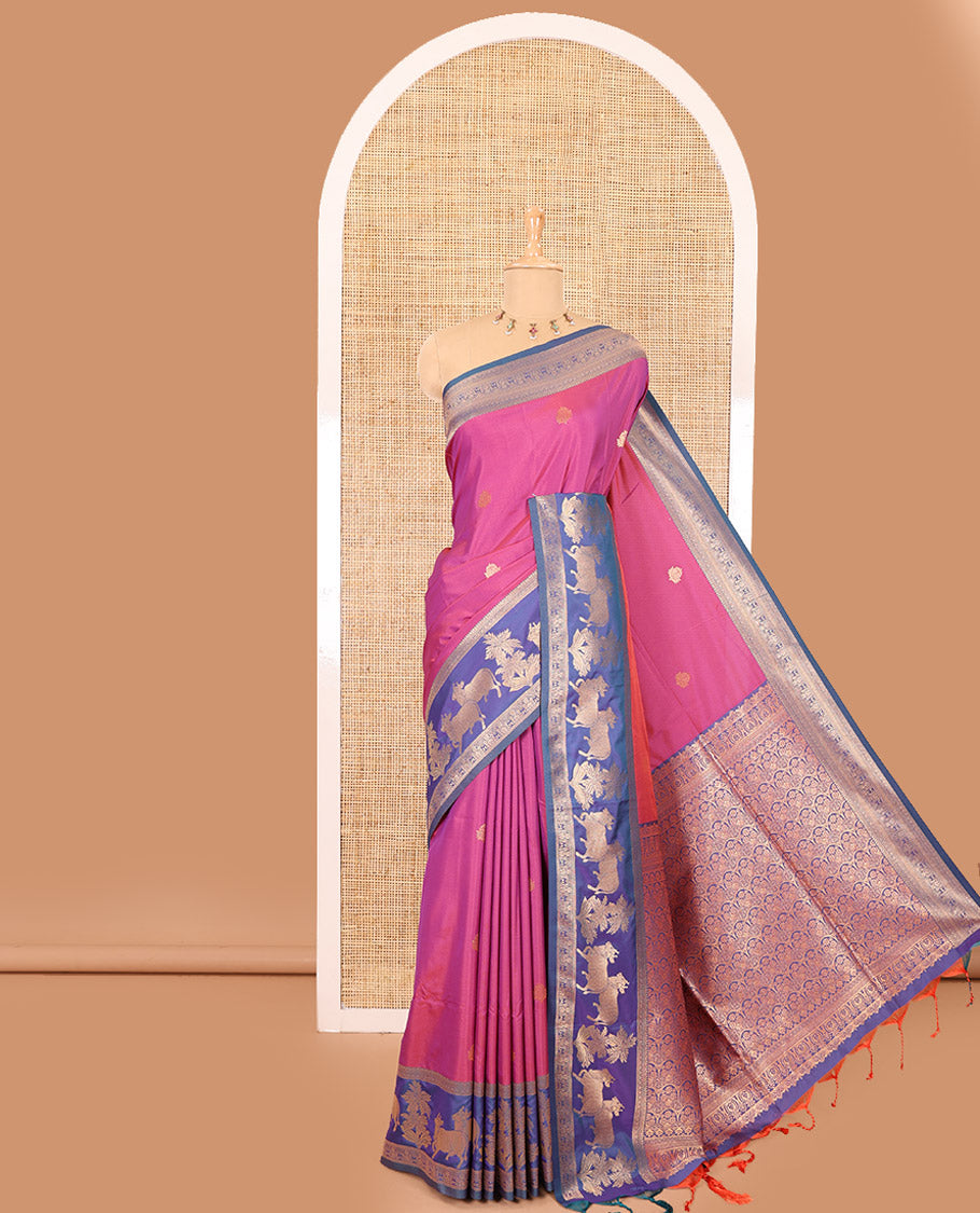 Magenta zari buttas elite soft silk saree, contrast traditional zari border of Pichwai cow design, scallop pallu, and a contrast zari design blouse