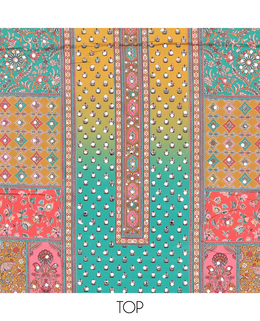 Multi-color chudidhar material set floral design with mirror work, mustard plain bottom & floral design with mirror work dupatta
