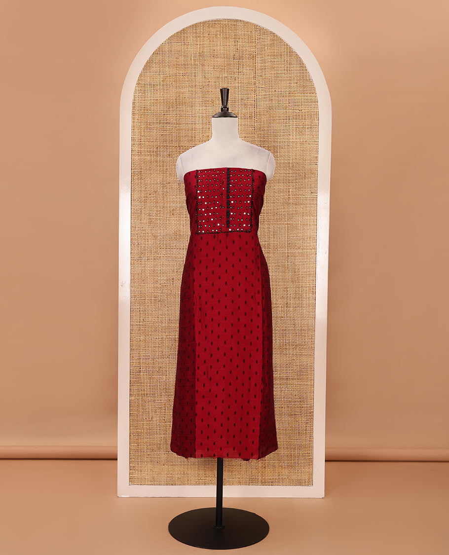 Rani pink material chudidar set, black beads & mirror neck embroidered with buttas woven vichitra silk top, santoon bottom & contrast mirror work chiffon dupatta