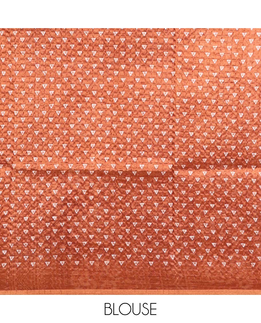 Brown floral printed litchi crushed saree, geometric printed border, floral-geometric printed pallu & triangle motif printed blouse