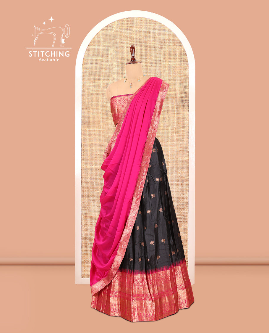 Black-Magenta Semi-Silk Half-Saree Features Zari Buttas Skirt, Contrast Traditional Zari Border, a Matching Blouse, a Contrast Blouse
