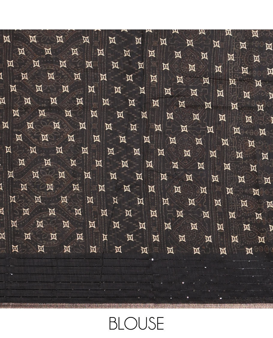 Black zig zag printed soft mercerised cotton saree with sequins work border & printed pallu along with butta design printed blouse