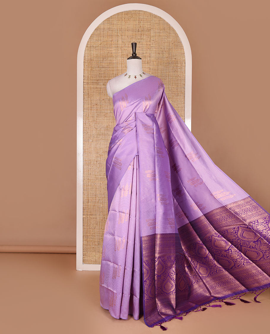 Borderless lavender stripes and zari floral buttas elite soft silk saree, contrast ogee patterned zari pallu, and contrast zari design blouse