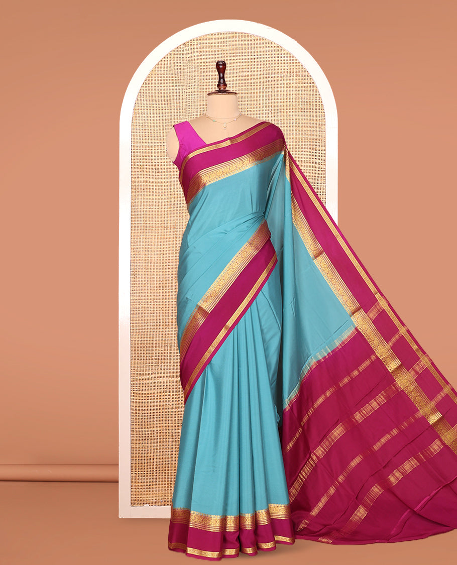 Blue Plain Mysore Silk Saree, Complemented by Captivating Contrast Border of Traditional Zari Designs, Zari Striped Pallu and Paired with a Contrast Blouse