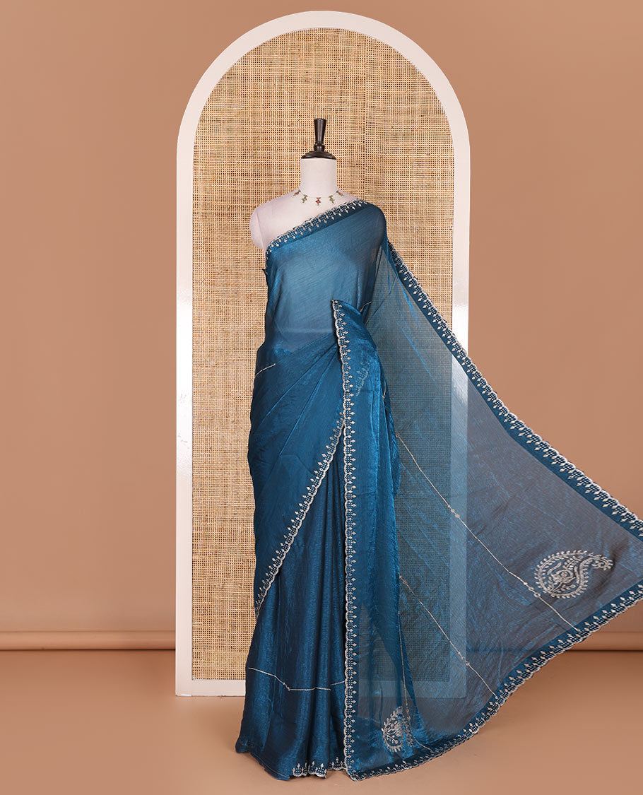 Rama blue micro stonework Fendi chiffon saree, scallop micro stonework border, stonework paisley pallu, and matching micro stone work blouse