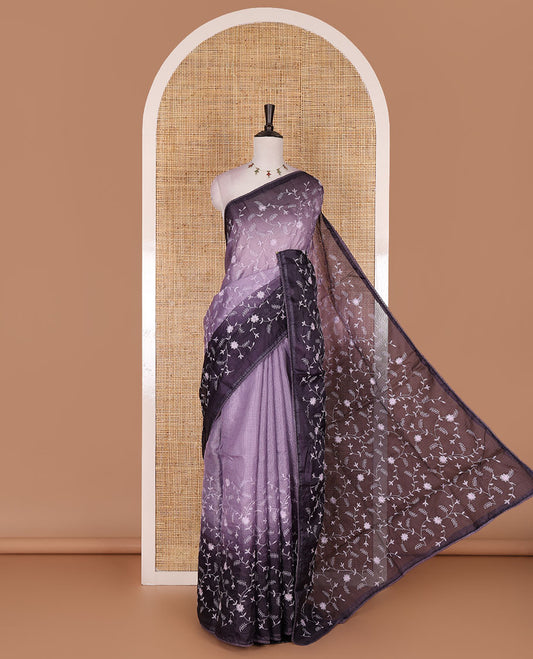 Lavender-wine floral vine chickankari embroidered kota chex saree, lace border, floral vine chickankari embroidered pallu, and contrast plain blouse