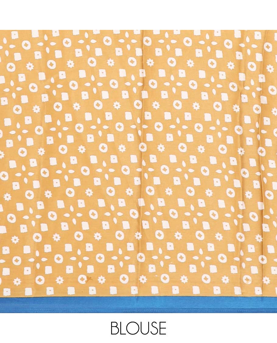 Blue half-plain & half-printed gajji silk saree, contrast mustard border & pallu of ajrakh-print with printed blouse