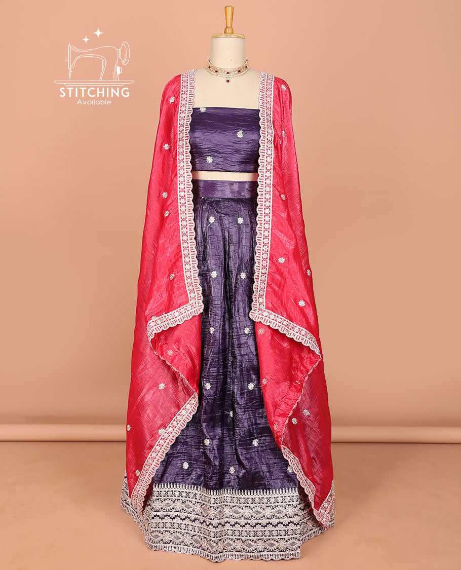 Violet floral embroidered half saree with self embroidered border, floral embroidery blouse & floral buttas , scallop border dhavani