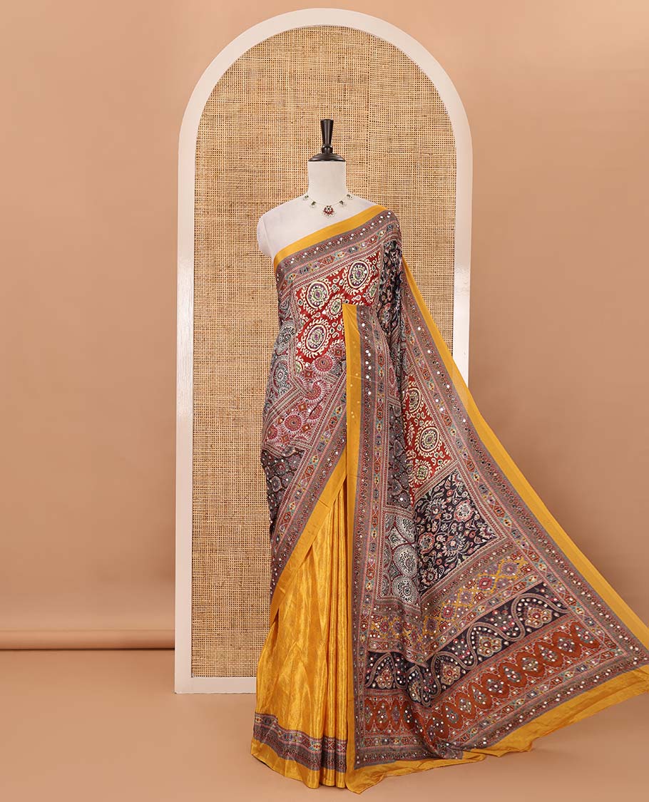 Gold-base colorful Mughal-style motifs printed & real mirror embroidery masakali saree, self-border & pallu of print & mirror work