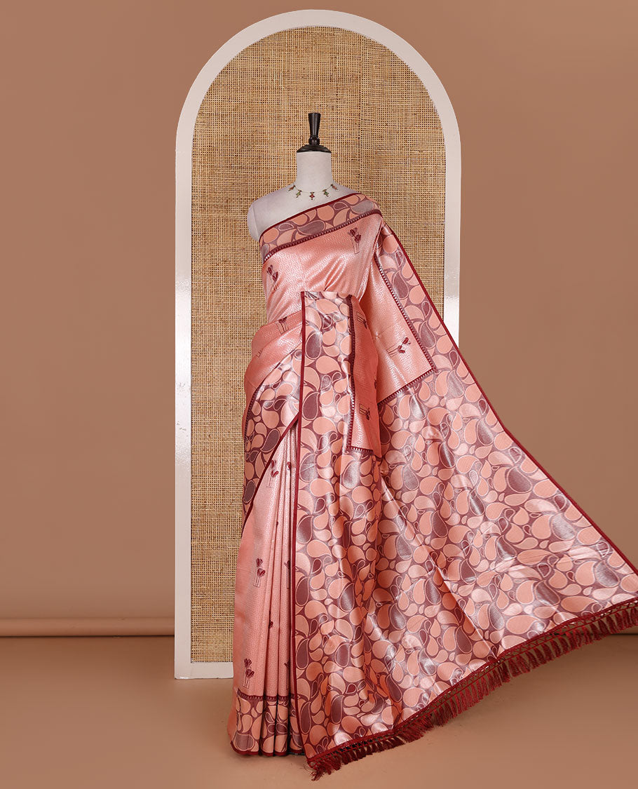 Wine kaleidoscopic-colored floral printed fancy tussar saree with contrast border and pallu steeped with dobbly-style buttas, and contrast floral printed blouse main image 0