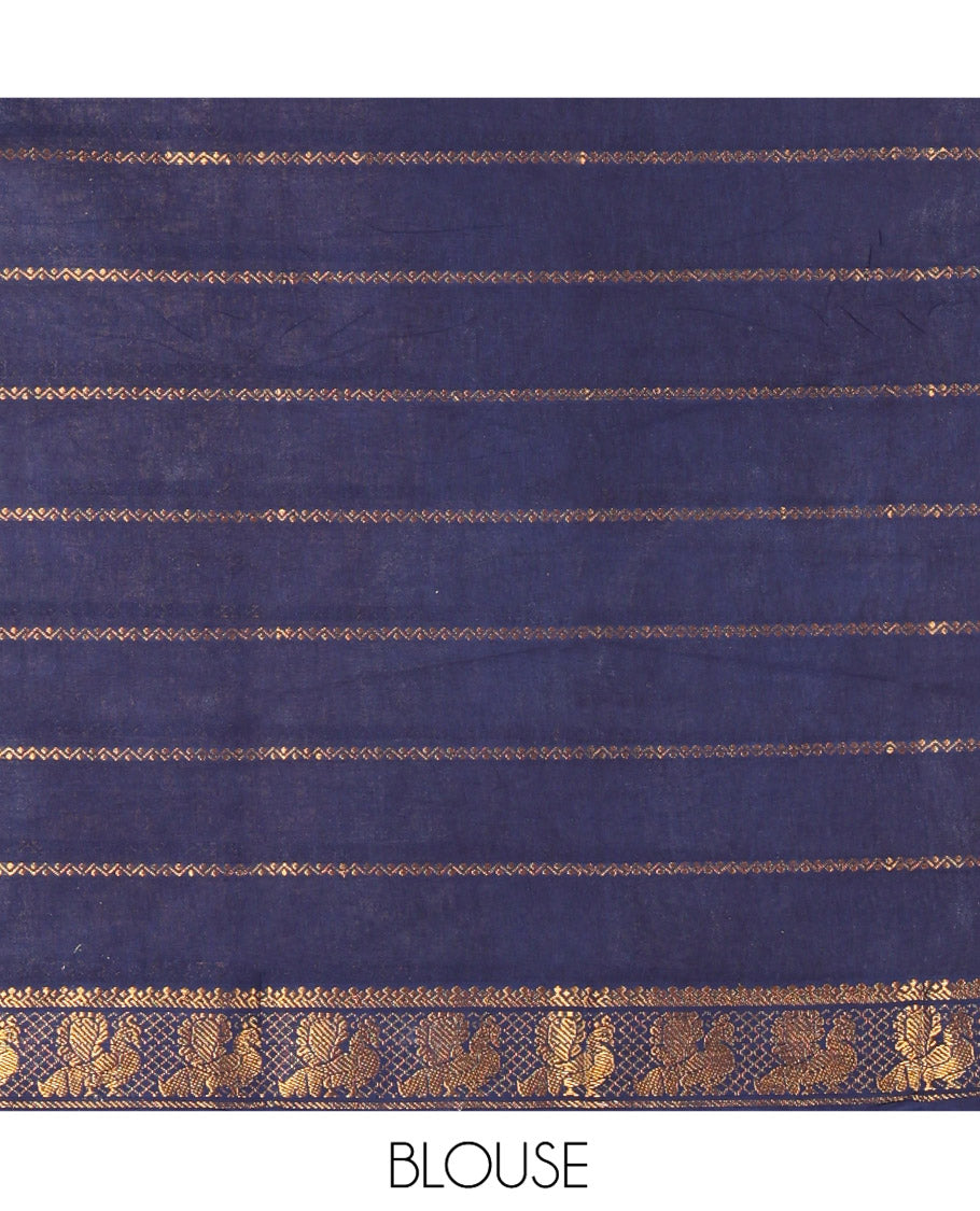 Rani PInk Plain Sungudi Cotton Saree, Highlighted by Traditional Zari Border of Peacock and Floral Creeper Designs, Subtly Striped Pallu, and Paired with a Contrast Blouse