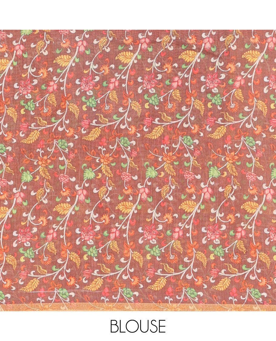 Yellow lotus motifs printed linen saree, piping border, contrast floral vine printed pallu, and contrast printed blouse