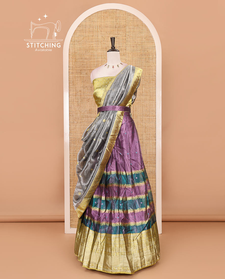 Dusky pink-liril organza half-saree, resham thread buttas & traditional motifs skirt, brocade banarasi blouse & intricate dhavani