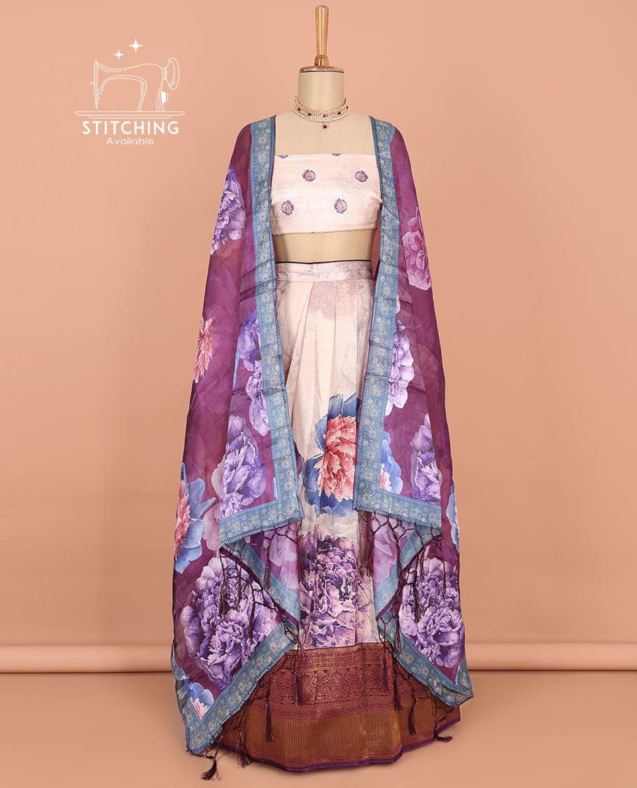 Multi-color floral printed art silk half saree, contrast traditional border, floral printed blouse & intricate pallu