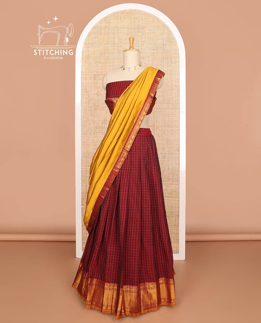 Maroon mercerised cotton daman zari border, checked design half saree with mercerised cotton checked blouse & skya georgette one side zari border work