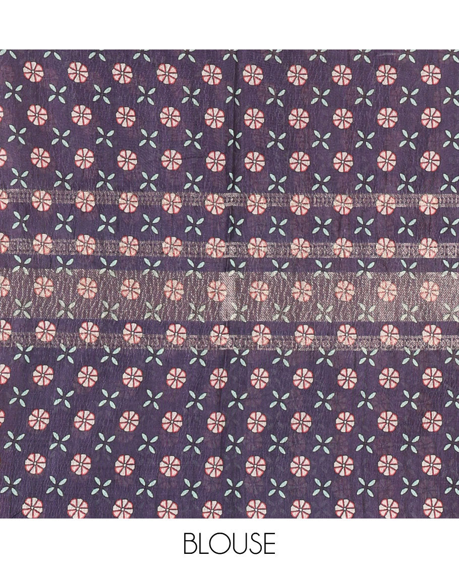 Purple Madhubani flora-fauna motifs printed moss crush saree, double-sided zari border, Madhubani village printed pallu, and a buttas printed blouse