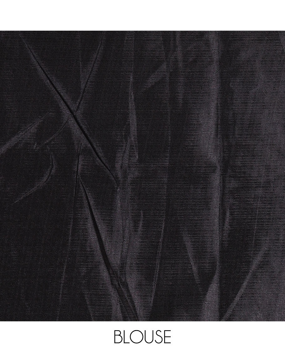 Borderless black fancy motifs batik-printed art khadi silk saree, contrast printed pallu, and a printed blouse