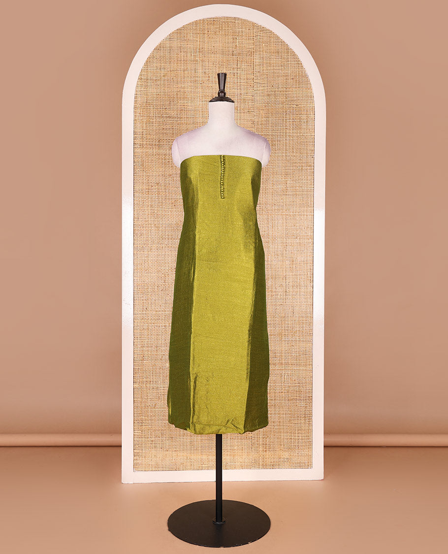 Parrot green material chudidar set, plain with fancy thermacol balls neck work Vichitra top, cotton bottom, and floral printed dupatta