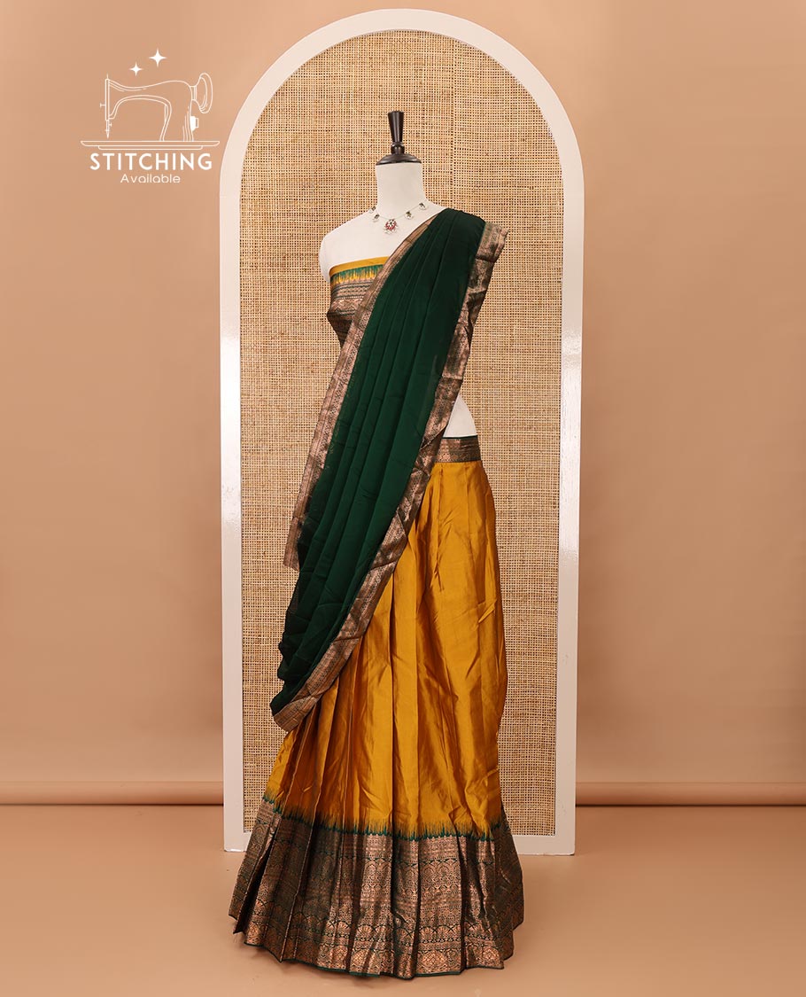 Mustard taffeta silk half-saree,plain skirt,contrast temple traditional zari border,zari design blouse & zari border georgette dhavani