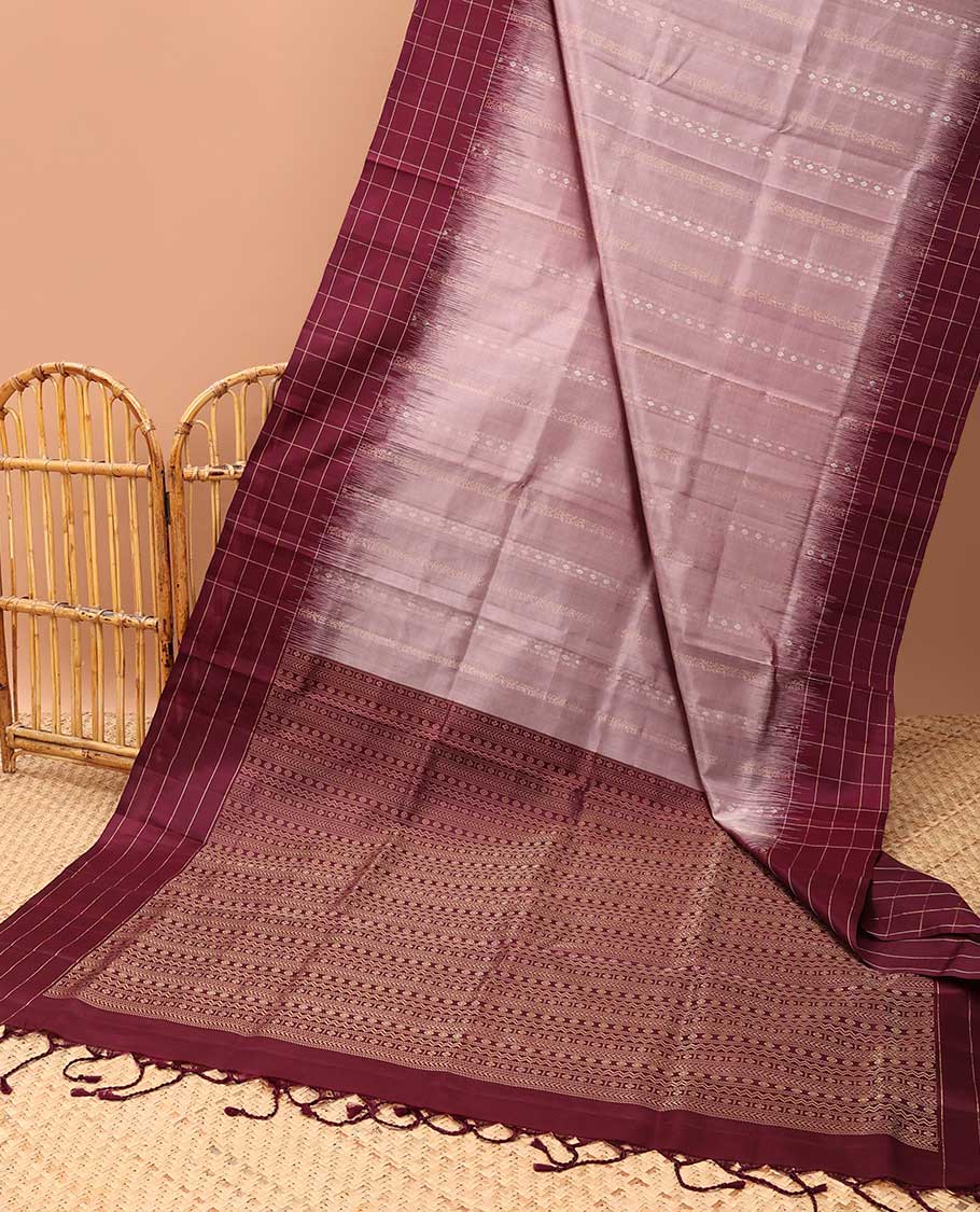 Peach soft silk saree with contrast checked border & floral jacquard design pallu