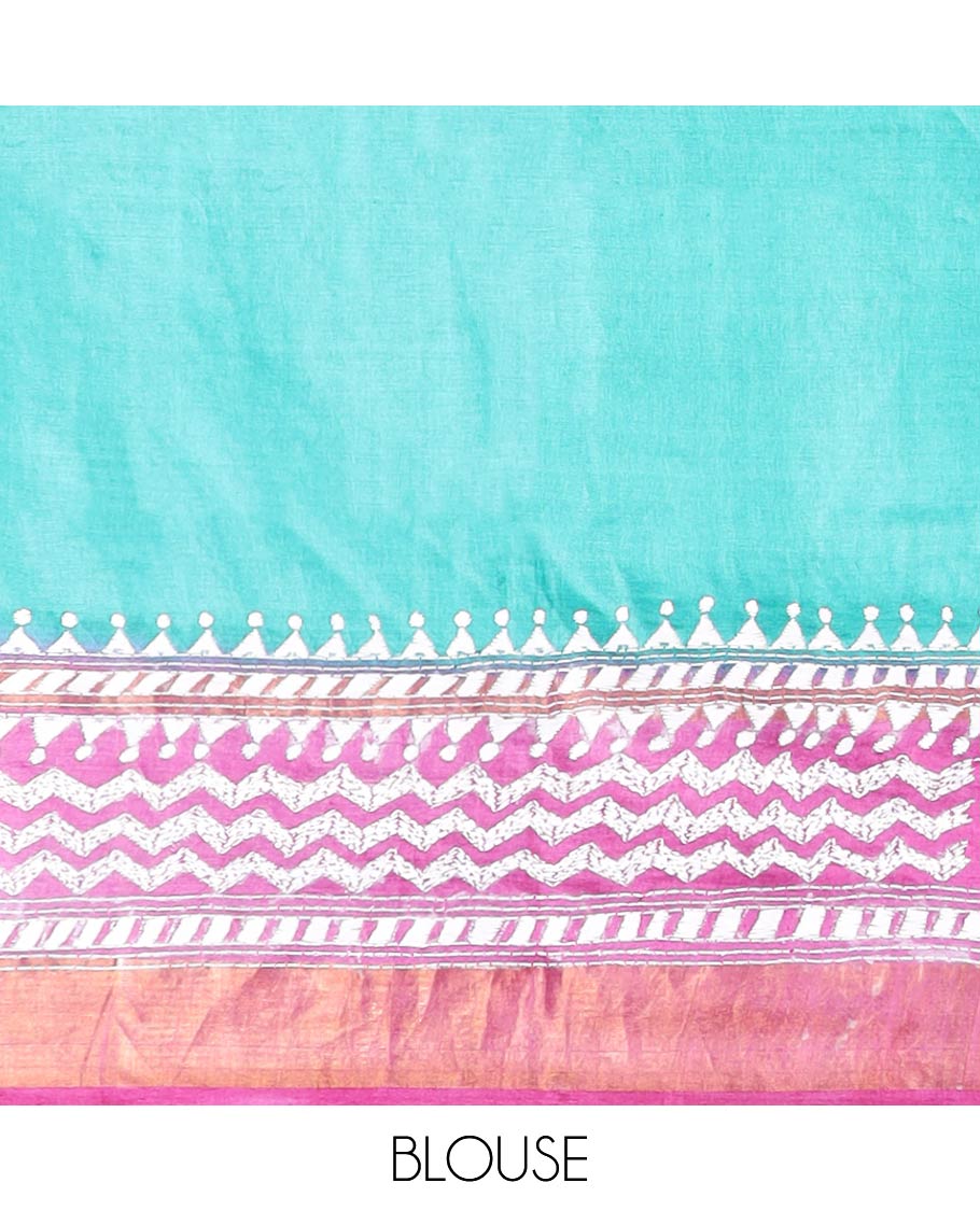 Black floral thread embroidery tussar silk saree with contrast geometric design border & floral embroidery pallu