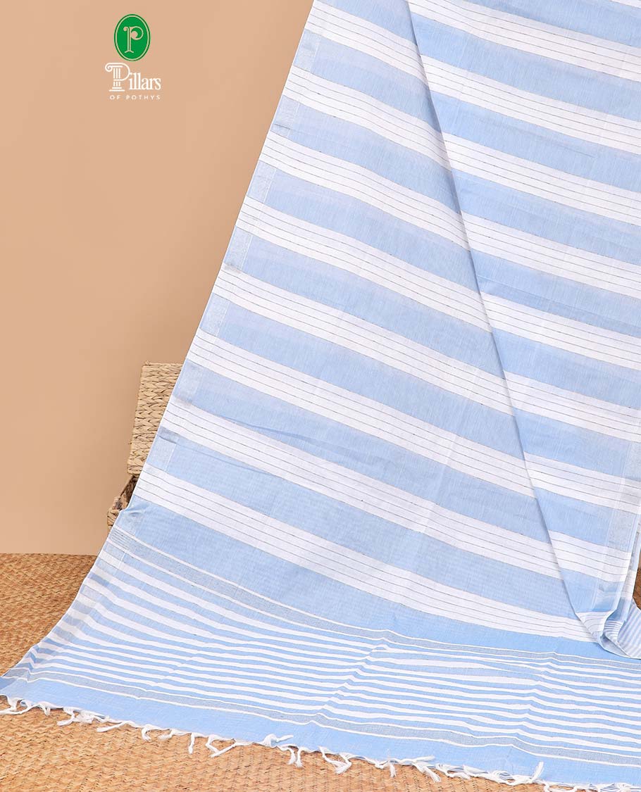 Borderless Blue vertical striped jute cotton saree with striped pallu