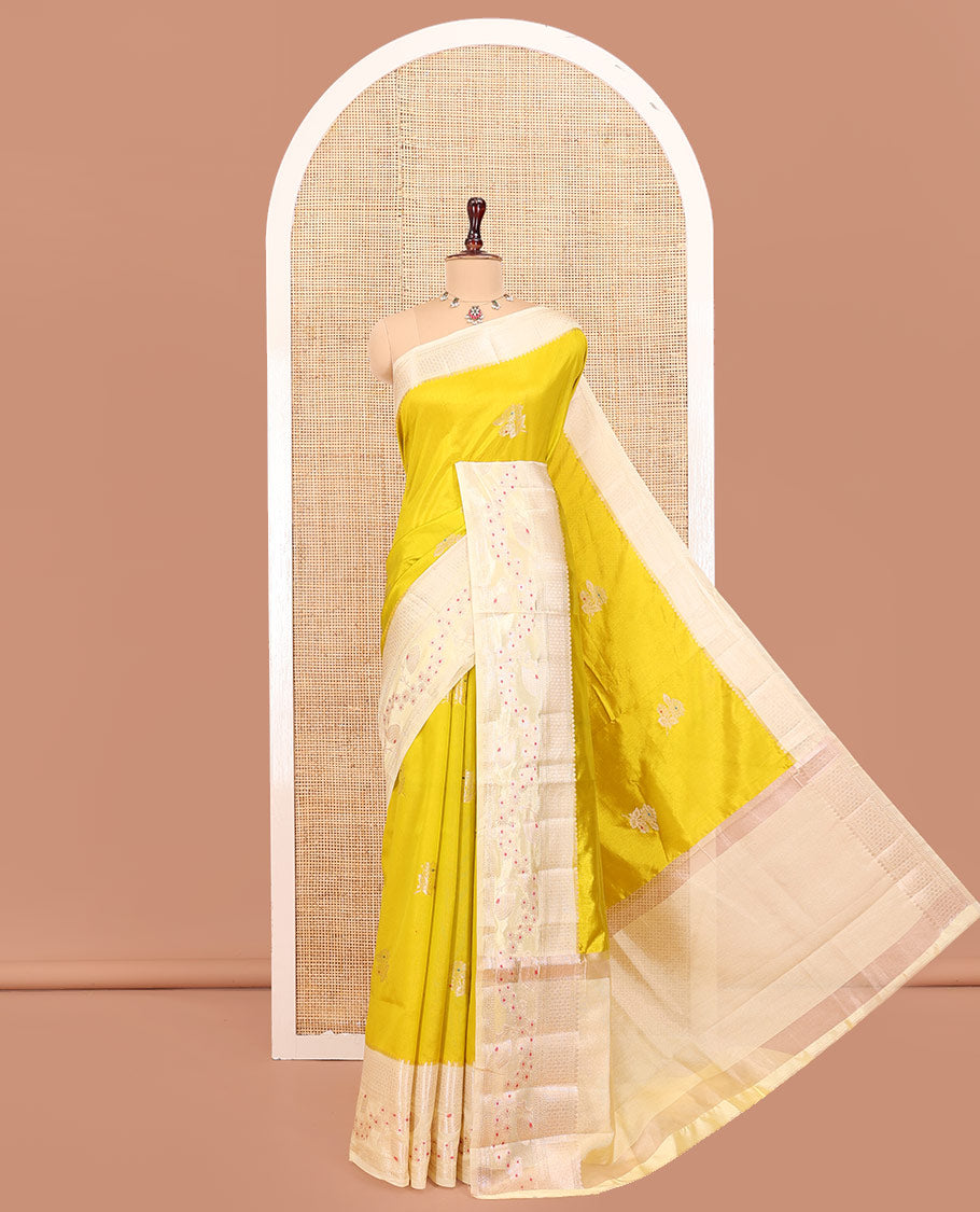 Mustard Green-Mango-Silk Saree, Embellished with Floral Zari Buttas All Over Its Body, Complemented by a Contrast Meenakari Zari Traditional Border of Floral Designs, Grand Pallu, and Paired with a Contrast Blouse