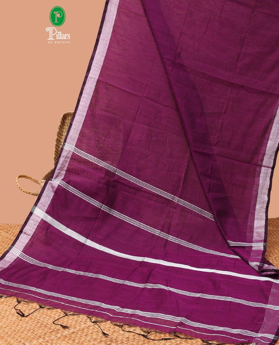 Purple linen saree with self- border & striped pallu