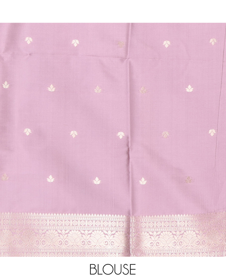 Green Fancy Soft Silk Saree, Embellished with Zari Butta and Stripes, Complemented by Contrast Zari Checked Temple Border, Grand Pallu, and a Contrast Blouse