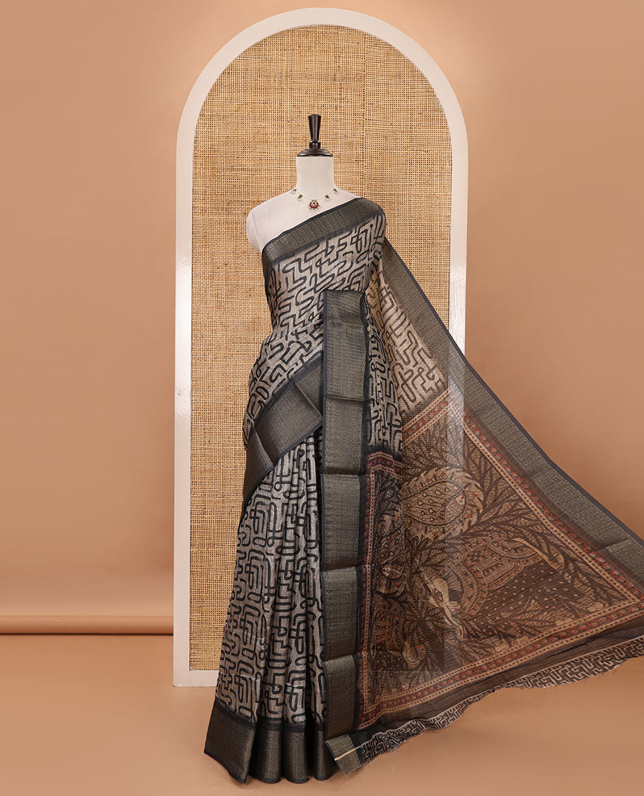 Chikku maze-like printed semi-jute saree, contrast geometric zari border, Madhubani-style animals printed pallu, & black blouse of print & zari work