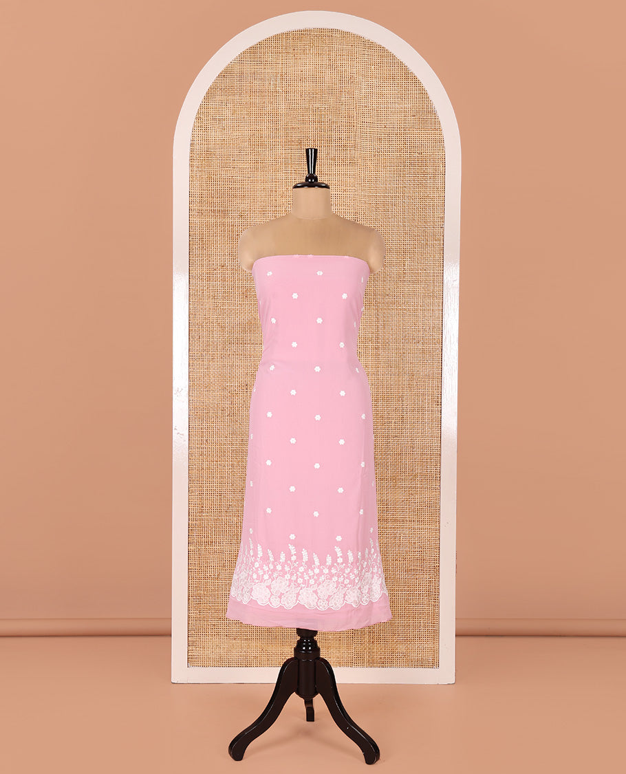 Pink Fox Georgette Material Chudidar Set, Impeccably Styled with Floral Embroidery on Its Top, a Plain Santoon Bottom, and Paired with a Floral Embroidered Scallop Dupatta