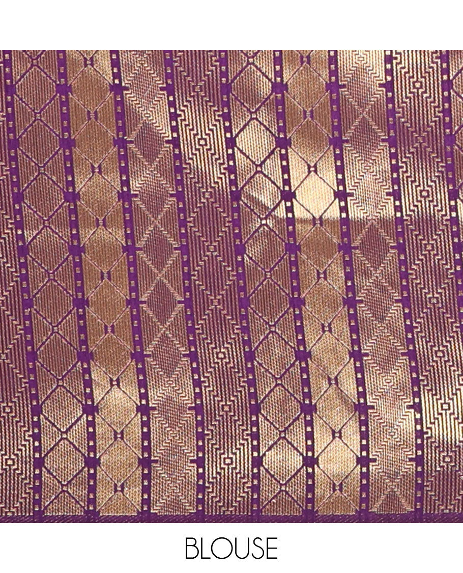 Purple banaras style mango butta dola raw silk saree with bavanji border & bavanji temple style pallu along with geometrical design blouse