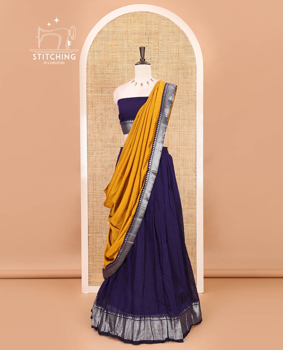 Royal blue Mercerised cotton half-saree, plain & contrast mayil kann temple border skirt, matching blouse & contrast zari border syska georgette dhavani