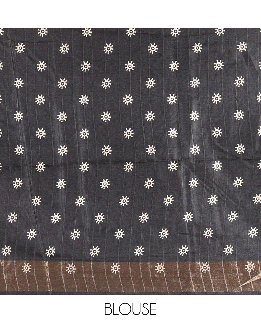 Green Katan Silk Saree, Detailed with Batik Print, a Contrast Kantha Work Border, Pallu of Floral Print and Kantha Work, and a Contrast Blouse