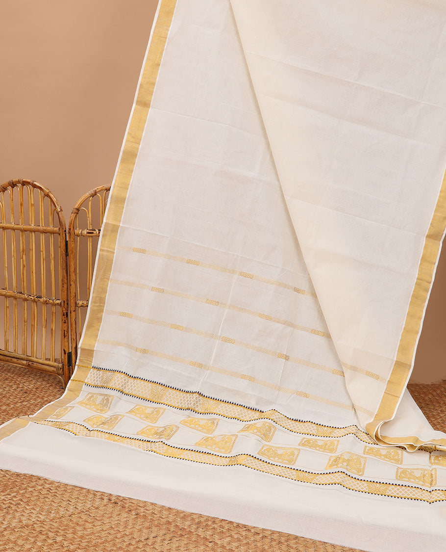 Cream kerala saree with zari designs, zari border & pallu of peacock & butterfly designs